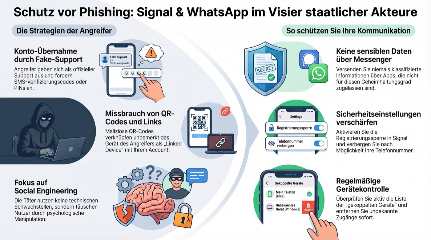 Infografik: So erkennen Sie Phishing auf Signal und WhatsApp. Dargestellt werden verdächtige QR-Codes, Zeitdruck-Nachrichten und gefälschte Einladungen.