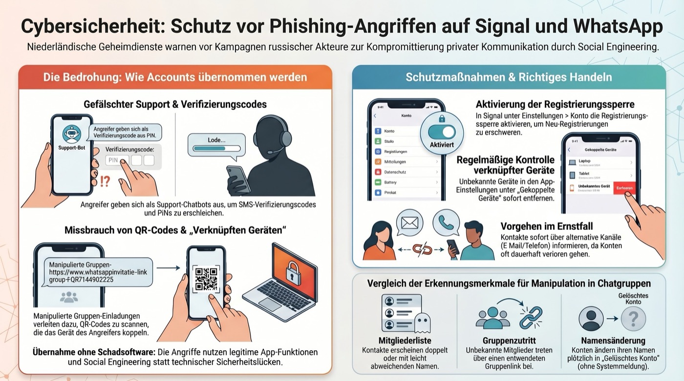Infografik: So schützen Sie sich vor Phishing auf Signal und WhatsApp. Dargestellt werden die Schritte Gekoppelte Geräte prüfen, PIN aktivieren und Updates installieren.
